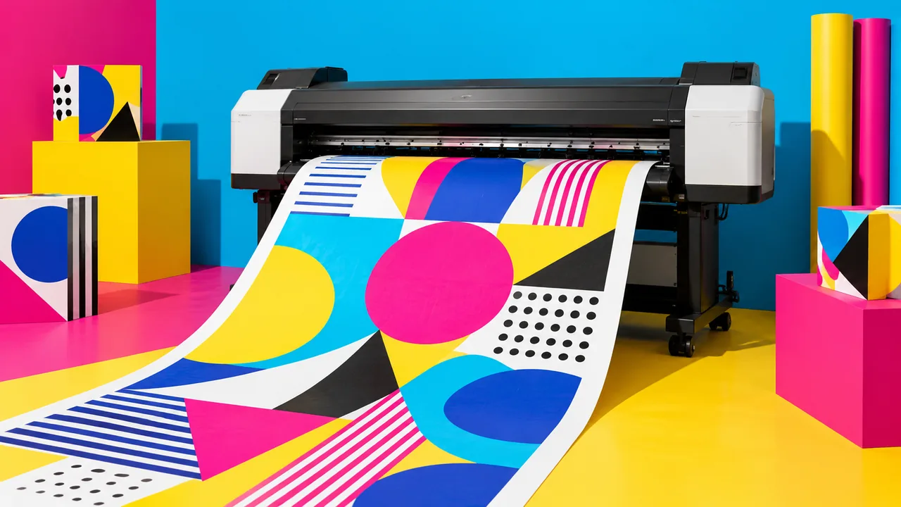 A wide-format printer printing a colourful pattern onto a long sheet