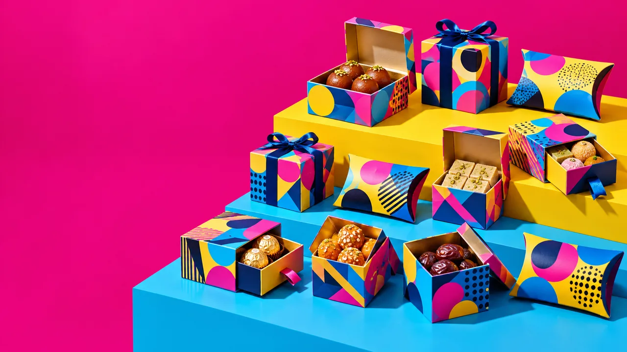 Tiny printed bid boxes with ribbons, some open with mithai, chuara and chocolates