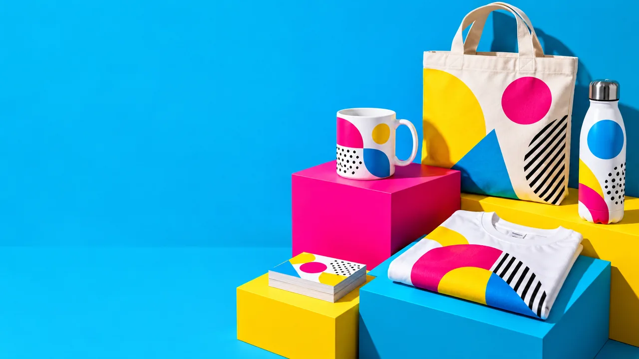A mug, tote bag, bottle, folded t-shirt and business cards printed with colourful patterns, on cyan, magenta and yellow blocks